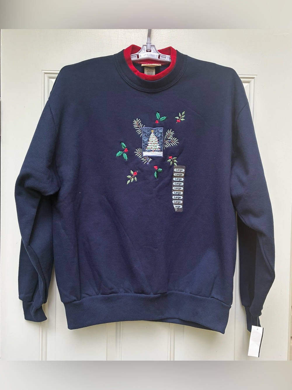 Morning Sun Womens Crewneck Sweatshirt Christmas Tree Sweater Sz L Navy NWT